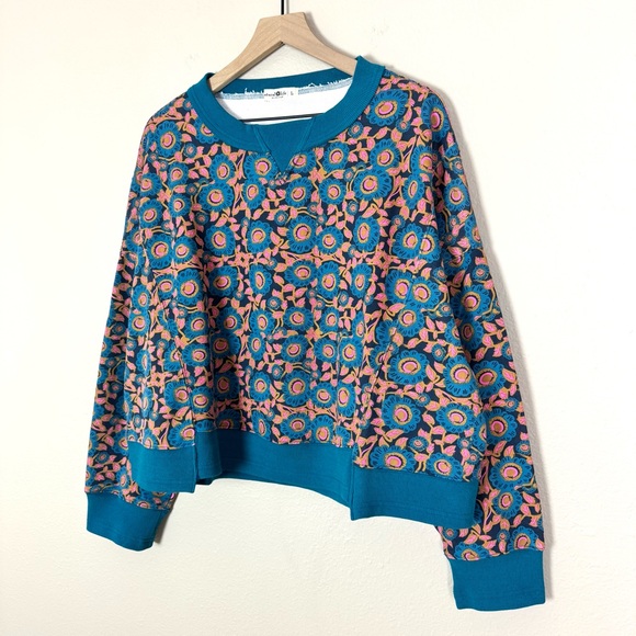 NEW Natural Life Selah Printed Sweatshirt Teal Floral Boxy Oversized Large - Picture 5 of 9